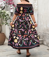 Vestidos de Verano para Mujer Tallas Grandes al por Mayor, Vestido Maxi con Hombros Descubiertos, Estampado Floral Étnico, Cintura Natural Fruncida, Estilo Vacacional con Volantes