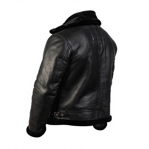 Veste de motard en cuir véritable pour homme avec doublure en fausse fourrure, fermeture éclair coupe-vent, col rabattable, style moto d'hiver - Product Image 2