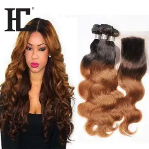 Peruaanse Haar Weave 3 Bundels Met Kant Sluiting 1b/30 Ombre Donkerblonde Remy Braziliaanse Body Wave Bundels Menselijk Haar Verkoper