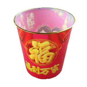 Red Plastic Trash Can Cylindrical Gold Rim Decorative Indoor Outdoor Waste <b>Bin</b> For <b>Bathroom</b> Festival Use - Product Image 5