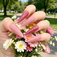Kit de 24 faux ongles réutilisables en PMMA, design stiletto carré, avec paillettes et dégradé nude pour les doigts