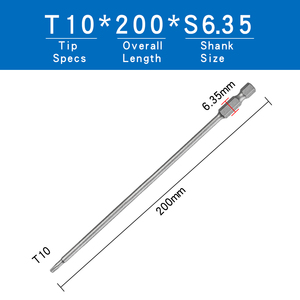 Punta de Destornillador <span class=keywords><strong>Torx</strong></span> T10 de 200 mm de Largo, Vástago Hexagonal de 1/4 de Pulgada, Acero de Aleación S2, Fuerte Magnético, para Reparación de Electrónica en Orificios Profundos - Product Image 2