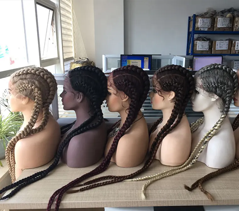 Amazon Hot Selling 4 braided handmade braided lace wig africa braided synthetic hd lace frontal wigs