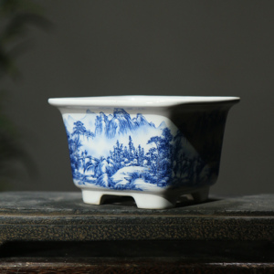 Maceta cuadrada de cerámica para bonsái, azul y blanca, con paisaje pintado a mano, para decoración de escritorio. - Product Image 2