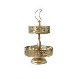 Metal <b>Gold</b> Color <b>Serving</b> Dessert Chocolate <b>Tray</b> With Two Tier Handmade Round Shape Ramadan Dates <b>Tray</b> For Events Usage - Product Image 1