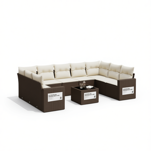 Conjunto de Sofá de Jardín de Ratán Sintético Marrón con Cojines Blanco Crema, Muebles de Exterior de 6 Plazas, Diseño Contemporáneo - Product Image 1