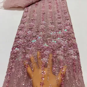 LS997 элегантное Африканское свадебное платье кружевная ткань в полоску цветная вышивка пайетками тюлеевая ткань