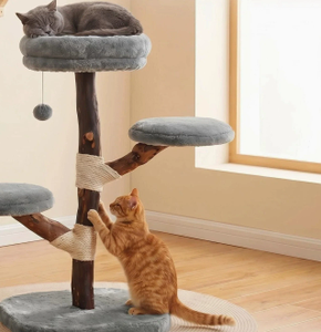 Arbre à chat moderne en bois avec condo en peluche, tour à gratter réglable, centre d'activités pour chats d'intérieur - Product Image 2