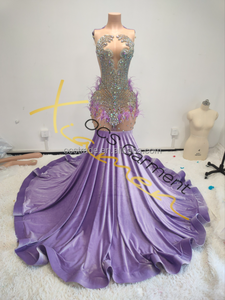 MF ชุดเดรสราตรีแวววาวแขนกุดสุดเซ็กซี่ชุดราตรีทางการมีขนนกสีม่วงเข้มสำหรับงานเลี้ยงอาหารค่ำ - Product Image 3