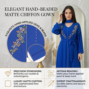 Elegant Muslim Maxi Dress Royal <b>Blue</b> <b>Beaded</b> Long Sleeve Modest Abaya for Eid Occasion Women Boutique Party Wear - Product Image 3