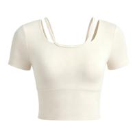 T-shirt de yoga pour femme Premium 2-en-1 à dos ouvert, col ras du cou, double couche, manches courtes, doux comme un nuage, respirant, extensible dans les quatre sens, fini mat