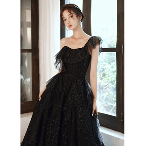 2025 nuovi stili di alta qualità autunno <span class=keywords><strong>nero</strong></span> cristallo lucido abito da sera con perline - Product Image 3