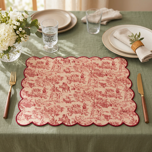 Set de table en lin de qualité supérieure à bords festonnés avec imprimé toile rouge vintage |   Nappe de table décorative élégante - Product Image 1