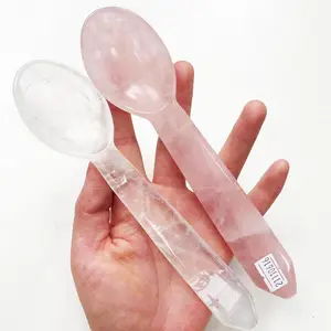 Customize Rose Quartz Crystal Carving Soup Spoon Crafts Natural Hand Carved Clear Quartz Crystal Stone Spoon Gifts