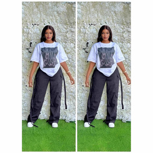 <span class=keywords><strong>Ensemble</strong></span> de vêtements pour femmes grande taille d'été, haut à manches courtes avec imprimé lettres et pantalon cargo à jambes larges, ensembles assortis deux pièces - Product Image 2