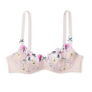 Unlined Balconette Bra Push Up Without Padding Delicate Floral Underwire Lace Bra With Bows Straps