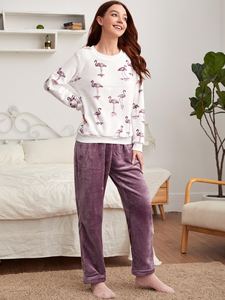 Thiết Kế Flamingo <span class=keywords><strong>Pattern</strong></span> In Tùy Chỉnh <span class=keywords><strong>Top</strong></span> Quần Pajama Đặt Ấm Pijama Fleece Phụ Nữ Pyjamas - Product Image 2