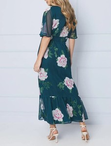 Robe midi en mousseline florale, imprimée numériquement, écologique, style doux vintage, décontractée, printemps-été, avec taille froncée et ourlet à volants - Product Image 2