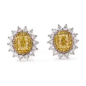 Boucles d'oreilles ovales brillantes, 18k, blanc, or, jaune, au centre, diamant vive, avec deux halo