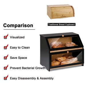 Large Capacity Double Layer Wooden Bread Storage Bin Black Kitchen Counter Canister for Bread <strong>Honey</strong> Spice <strong>Set</strong> Back School - Product Image 4