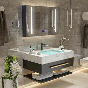 Mueble moderno de lujo con diseño flotante, encimera de piedra de <span class=keywords><strong>roca</strong></span>, fregadero de cerámica, armario de baño, espejo LED, juego de tocador con cajones - Product Image 5