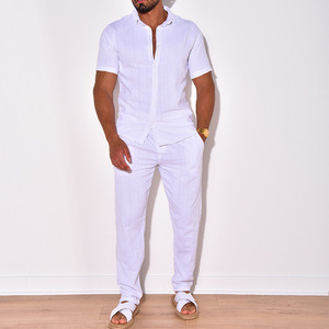 Achetez <span class=keywords><strong>en</strong></span> ligne des ensembles confortables et élégants <span class=keywords><strong>pour</strong></span> hommes <span class=keywords><strong>en</strong></span> <span class=keywords><strong>lin</strong></span>, chemise à manches courtes boutonnée et <span class=keywords><strong>pantalon</strong></span>, 2 pièces - Product Image 1