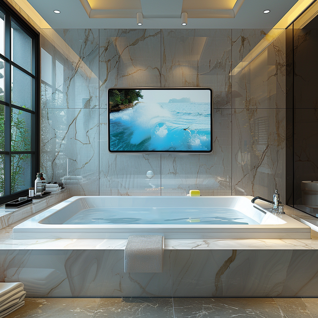 Wall Mounted IP66 Waterproof Shower Television 4K Android 15 Smart Bathroom TV Frameless Anti Fog Washroom TV for Hotel Bathtub
