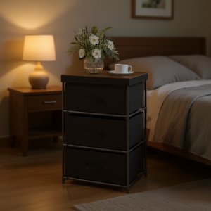 Mesita de noche de 3 niveles con estructura metálica, cestas de tela, organizador de almacenamiento para dormitorio, sala de estar, diseño minimalista - Product Image 2