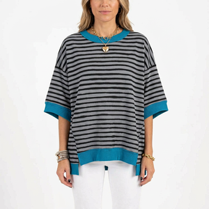 T-shirt femme à manches courtes rayé surdimensionné, multicolores, tricoté, coupe classique, toutes saisons, respirant, doux, écologique, décontracté - Product Image 1