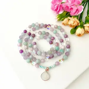 MN41532 pietra preziosa naturale Larimar pietra di luna Kunzite e angelo Guru cristallo 108 perle di Mala collana annodata a mano regalo