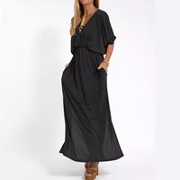 Robe longue décontractée pour femme, col en V, manches chauve-souris, cordon de serrage à la taille, poches, fente latérale, style plage, OEM ODM