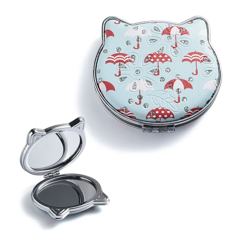 화장품 메이크업 포켓 미러 미니 도매 작은 접이식 휴대용 여행 고양이 모양 PU 다이아몬드 페인팅 거울 소형 거울