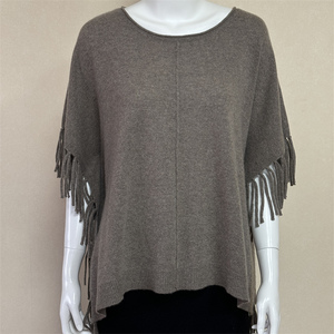 Poncho da donna personalizzato in puro Cashmere stile Casual allentato <span class=keywords><strong>con</strong></span> collo rotondo in <span class=keywords><strong>maglia</strong></span> tinta unita <span class=keywords><strong>con</strong></span> <span class=keywords><strong>frange</strong></span> Design - Product Image 2