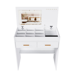 Flip Top Solid Wood Vanity Desk with LED Lighted Mirror & Built-in Outlet-Makeup Table with 2 <b>Drawers</b> and Open Storage Hooks - Product Image 5