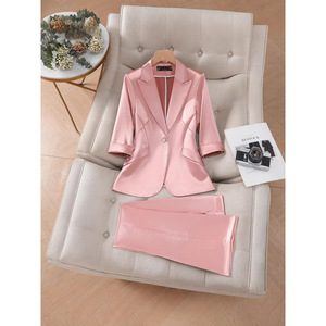 Pink Satin Women's Suit Set Three Quarter Sleeve Formal Wear For Commute Spring Summer Autumn Cross Border Wholesale - Product Image 1
