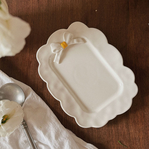 Plato de pastel de bistec de porcelana Irregular arco estilo coreano blanco rústico boda fiesta restaurante vajilla de cerámica - Product Image 6