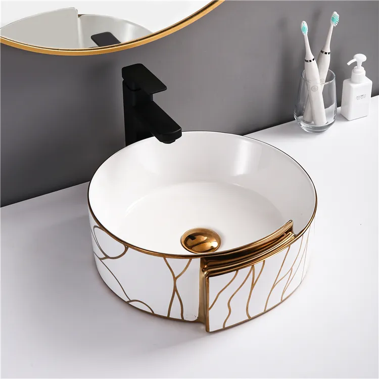 Lavabo à main en céramique blanc et or, nouveau design de luxe moderne, style artistique rond pour hôtel, lavabo de salle de bains, lavabo en céramique pour la salle à manger