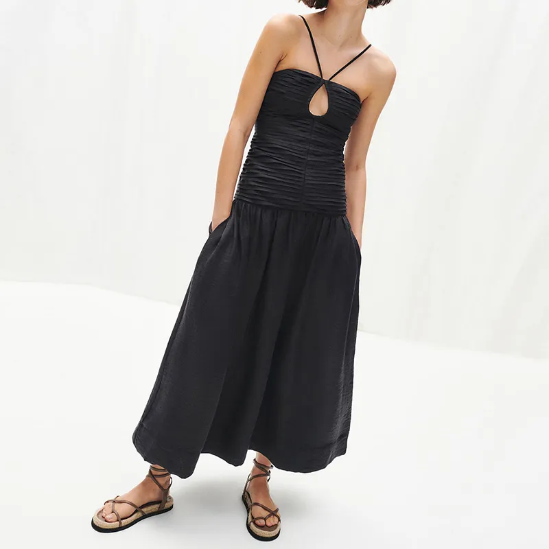 Keyhole Midi Dresses For Women Pure Linen Fabric Cut Out Black Dress Hot Sell In Summer Adjustable Angled Strap Backless Dress