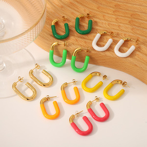 Pendientes de aro en forma de U, chapados en oro de 18 quilates, acero inoxidable, diseño geométrico colorido, para mujer, joyería de moda. - Product Image 1