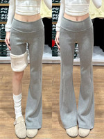 Pantalones de yoga acampanados LKT grises con forro polar, estilo vintage, para mujer, otoño-invierno 2025, ODM, de cintura baja, efecto adelgazante, con botones y longitud completa.