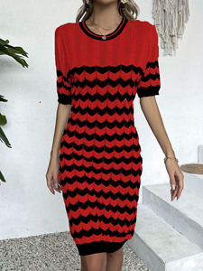 Custom OEM ODM Custom Cute Hollow Out <strong>Wavy</strong> <strong>Pattern</strong> Knitted Dress Women's Versatile Short Sleeve Slinky Dress - Product Image 1
