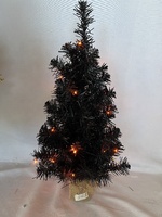 Trendiger Halloween-Dekobaum 23 Zoll PVC-Material Vorbeleuchtet mit Orangenlichtern Miniatur Schwarzer Tischbaum Beliebter Stil für Zuhause und Schreibtisch