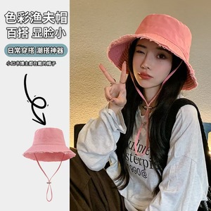 Women's Washed Bucket Hat Pink Sun Protection Wide Brim Canvas Fisherman Hat - Product Image 1