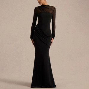 Vestido Largo de Noche para Primavera/Verano ZYHT 75145, Negro, Jersey y Malla, Cuello Alto, Mangas Largas - Product Image 1