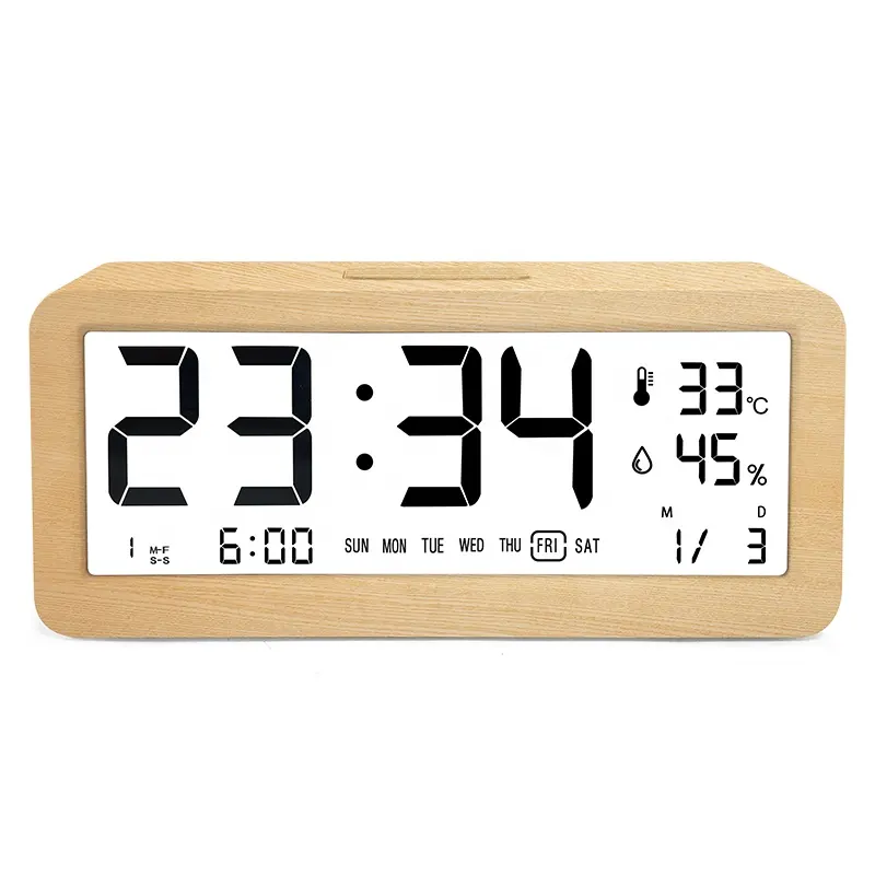 Relógio de madeira personalizado, luz noturna, despertador digital, com temperatura e umidade