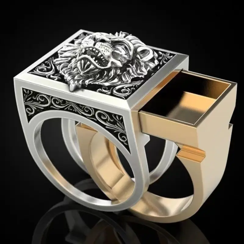 Newest Lion Head 18k Gold Plated Man's Rings Jewellery Double Layers Hidden Secret Storage Box Drawer Rings Hip Hop Man Ring