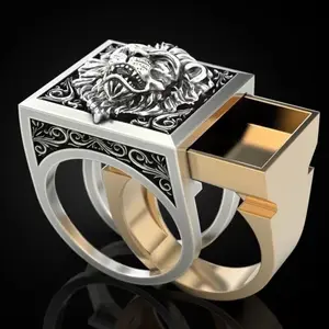 Nieuwste Leeuwenkop 18K Vergulde Man Ringen Sieraden Dubbele Lagen Verborgen Secret Opbergdoos Lade Ringen Hip hop Man Ring