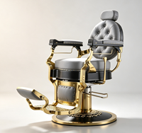Fauteuil de Barbier Rétro Exquis avec Accents Dorés, Décor Riveté, Capitonnage Gris, Pivotant Hydraulique et Inclinable pour Salon de Coiffure