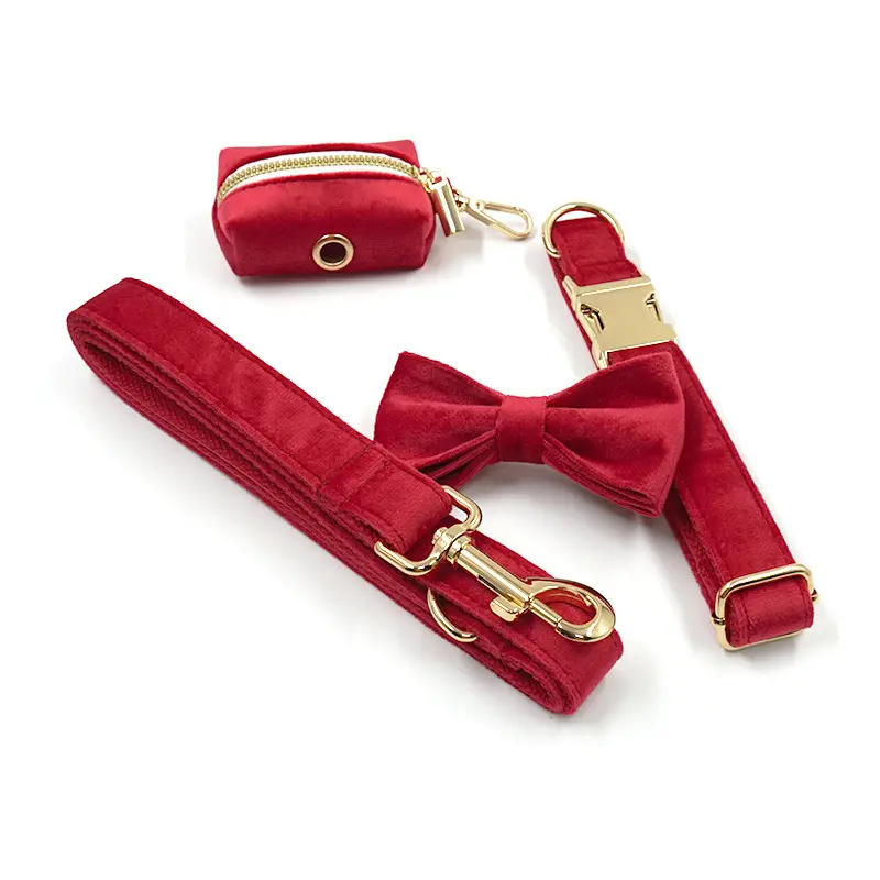 Red Velvet Dog Collar and Leash Set for Small Large Dogs Personalized Custom Engraving Rose Gold Buckle Pet Collar with Bowtie