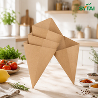 Cônes à frites personnalisés imprimés en relief pour la restauration rapide, en papier kraft jetable, avec pochette pour sauce, écologiques et recyclables, type boîte pliable